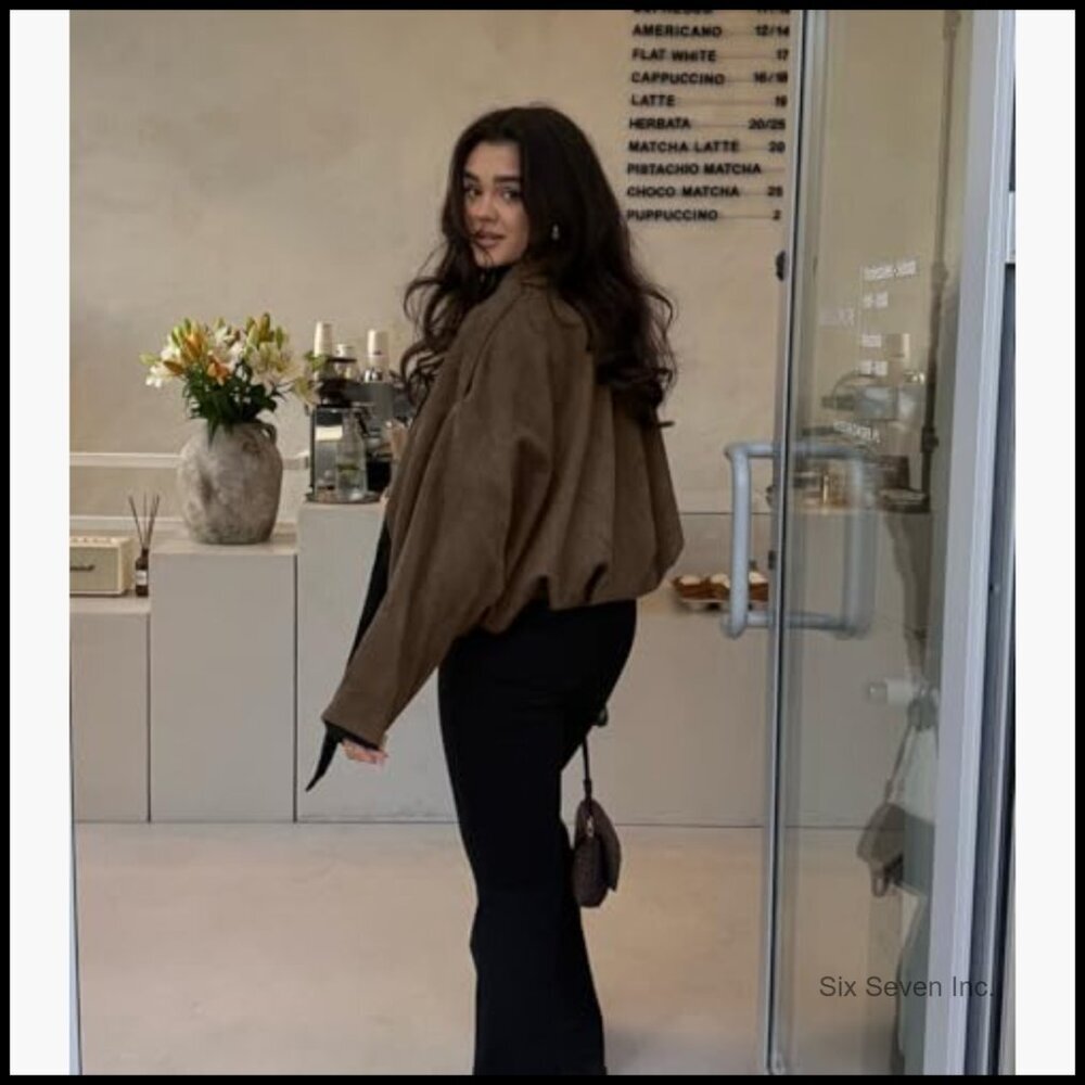 Faux Suede Bomber Jacket Oversized Cropped Pilot Coat - Picture 3 of 7
